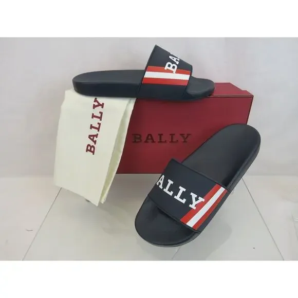 NIB BALLY SIMON NAVY INK RUBBER RED WHITE WEB LOGO SANDAL POOL SLIDES 11 D ITALY